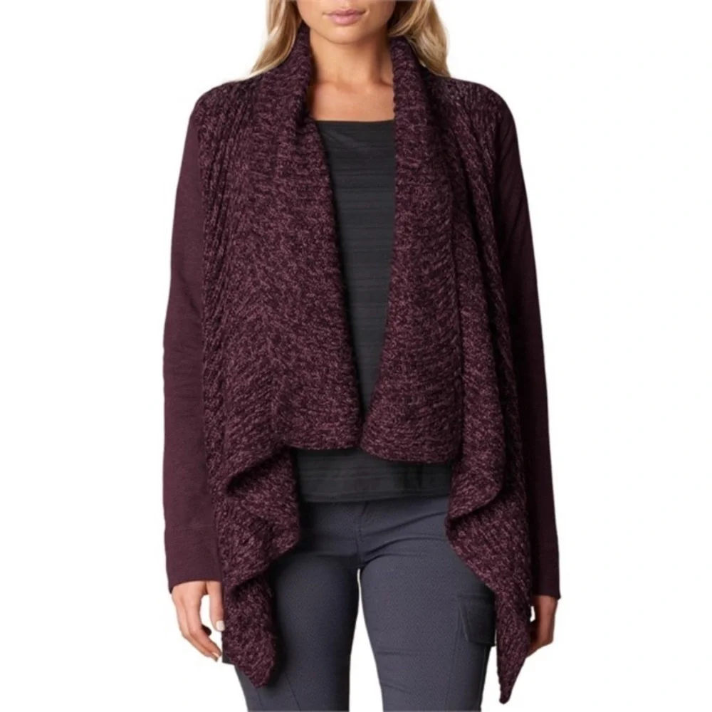 Prana knit open front waterfall cardigan cotton wool plum women’s size small